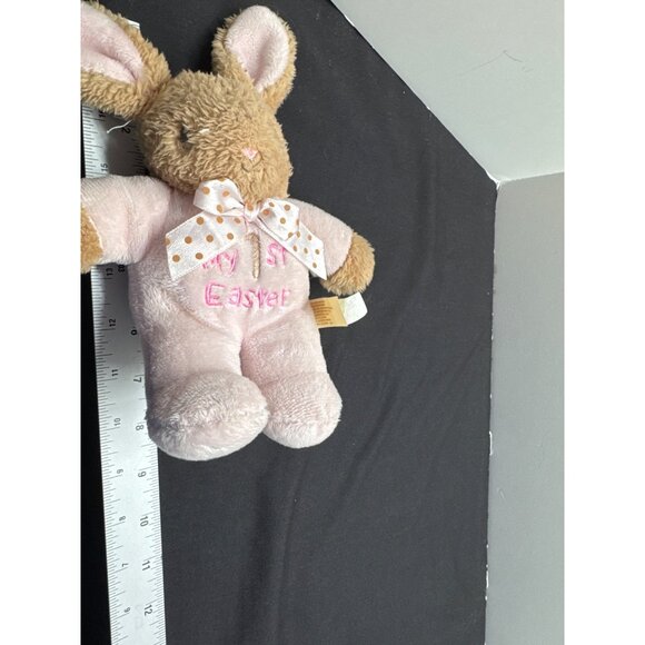 My 1st Easter Pink Plush Bunny With Polka Dot Bow Embroidered Eyes Text Rattle L - Picture 5 of 7